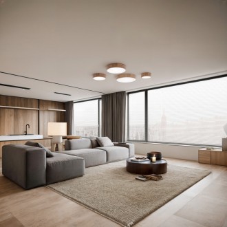 Temar CLEO DR375 OAK WITH MOTION SENSOR - Stropné drevené svietidlo CLEO OAK Ø375, 3xE27, dub/sklo + senzor