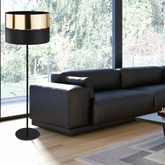 TK Lighting 5465 - Stojacia lampa HILTON GOLD 1xE27, Ø500, čierna/zlatá/textil